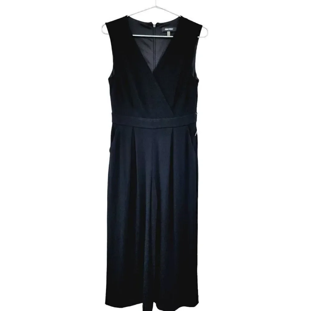 Nine West Womens Jumpsuit Black Surplice Neck Sleeveless Long Wide Leg Pleats 4